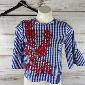 Flores Gingham Statement Sleeve Embroidered Top Sz Small New with Tag